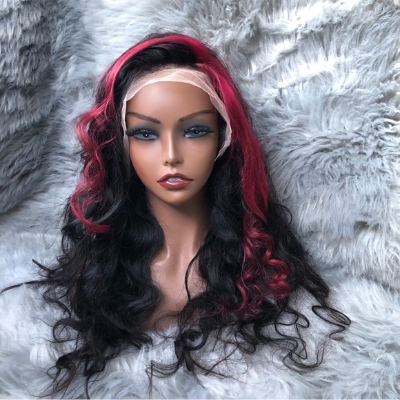 Sold ❗️ 100% Human Hair Lace Front Wig • Body Wave 28” Black w/ Hot Pink Stripe - Picture 8 of 15
